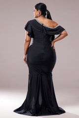 Curveins Plus Size Asymmetric Shoulder Slim-Fit Front Slit Long Dress