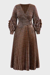 Curveins Plus Size V-Neck Long Sleeve Waist Tie Pleated Maxi Dress