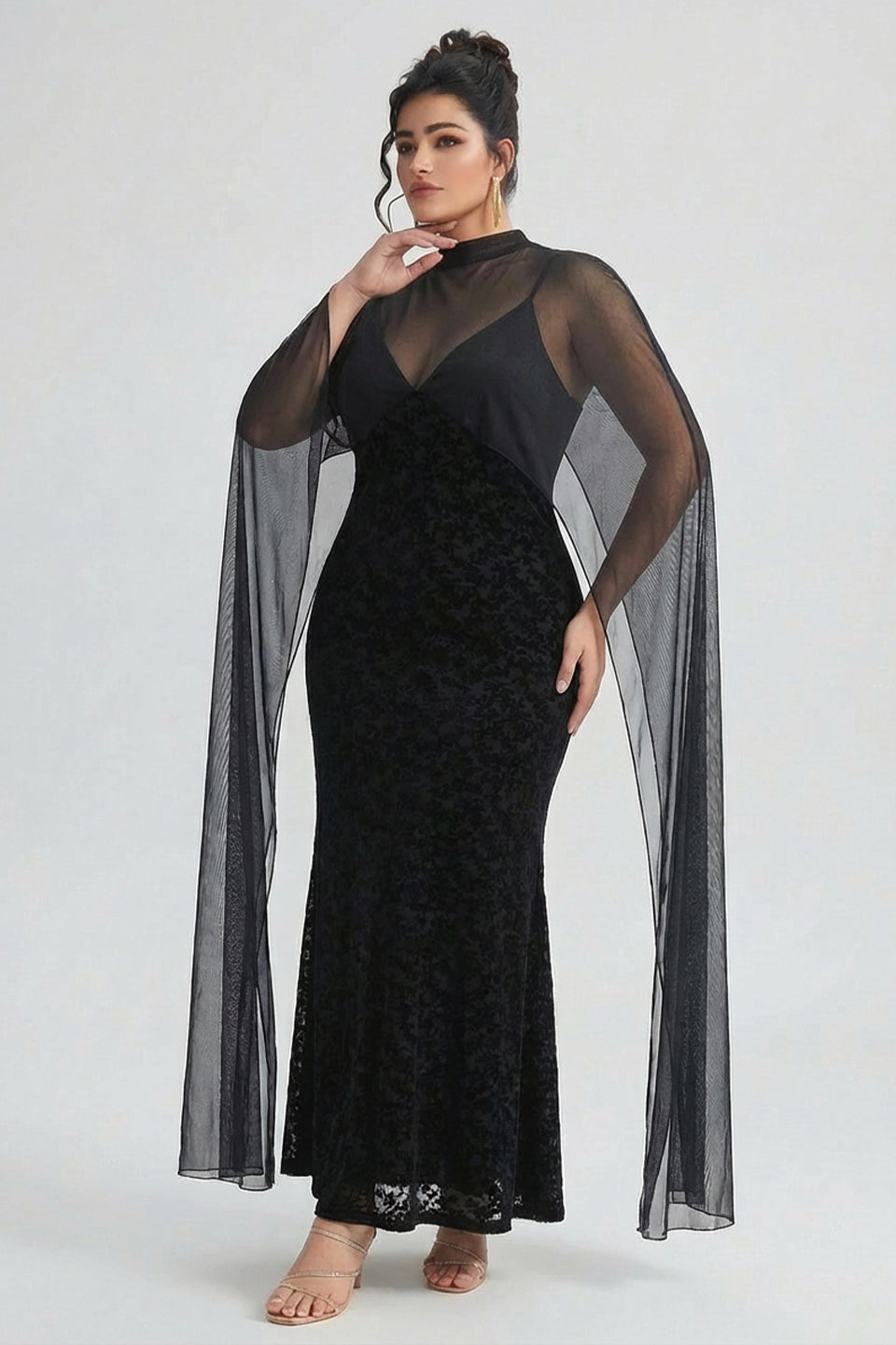 Curveins Plus Size Flattering V-Neck Cape Style Sleeveless Velvet Maxi Dress