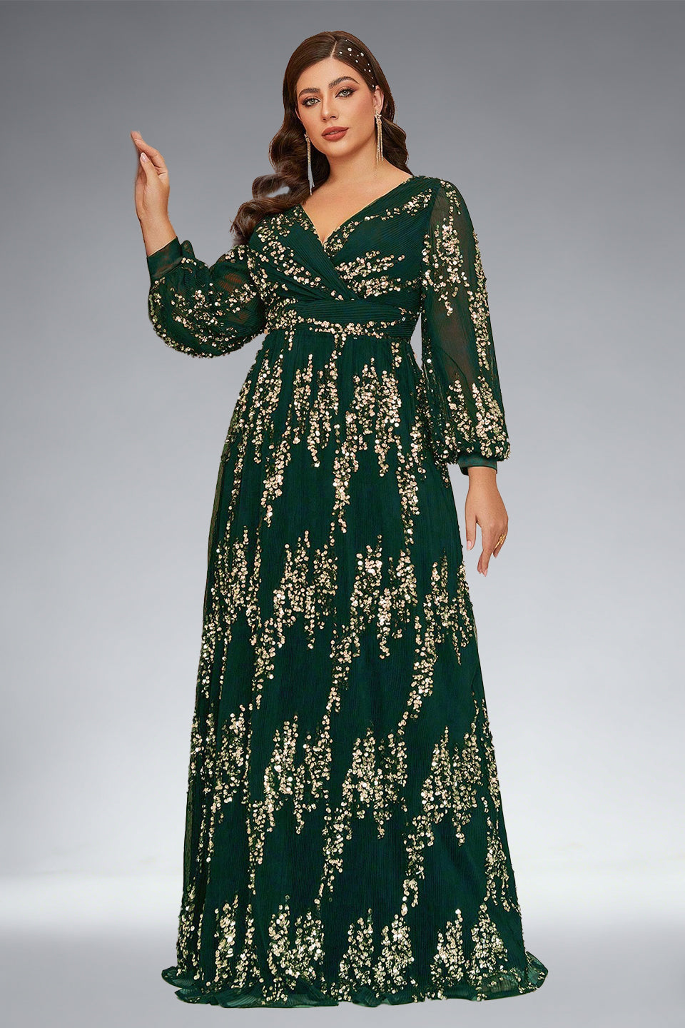 Curveins Plus Size Sequin V-Neck Lantern Sleeve Formal Party Maxi Dress