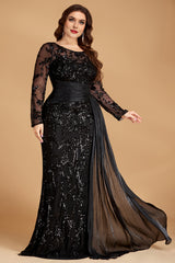 Curveins Plus Size Round Neck Embroidered Tie-Sash Bodycon Maxi Dress