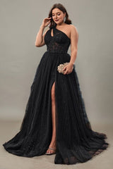 Curveins Plus Size One-Shoulder Waist-Defined Slit Back Cutout Maxi Dress