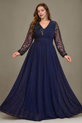 Curveins Plus Size V Neck Long Sleeve Sequin Cinched Waist Elegant Maxi Dress
