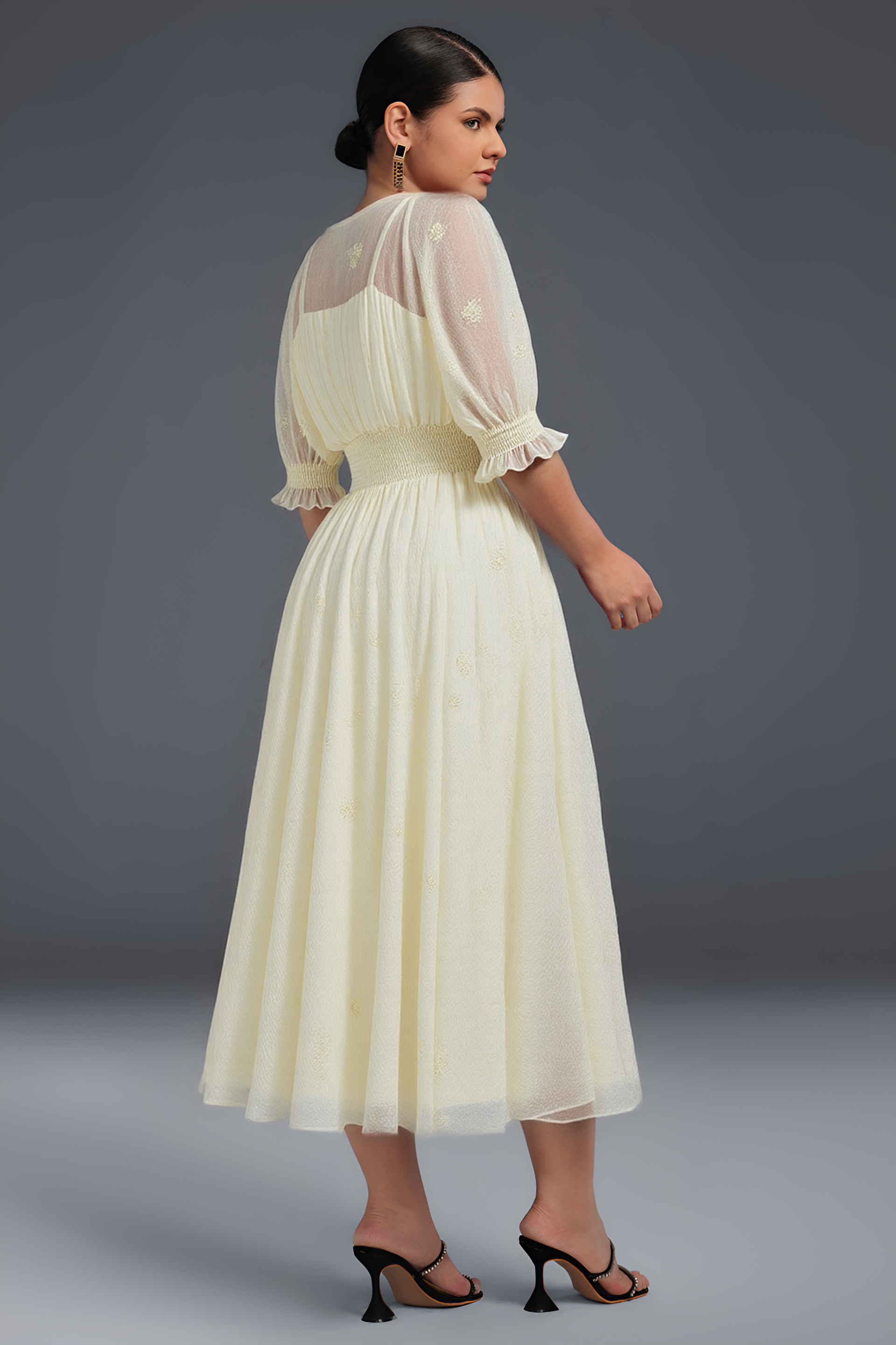 Curveins Plus Size V-Neck Embroidered Ruffle Hem Dress