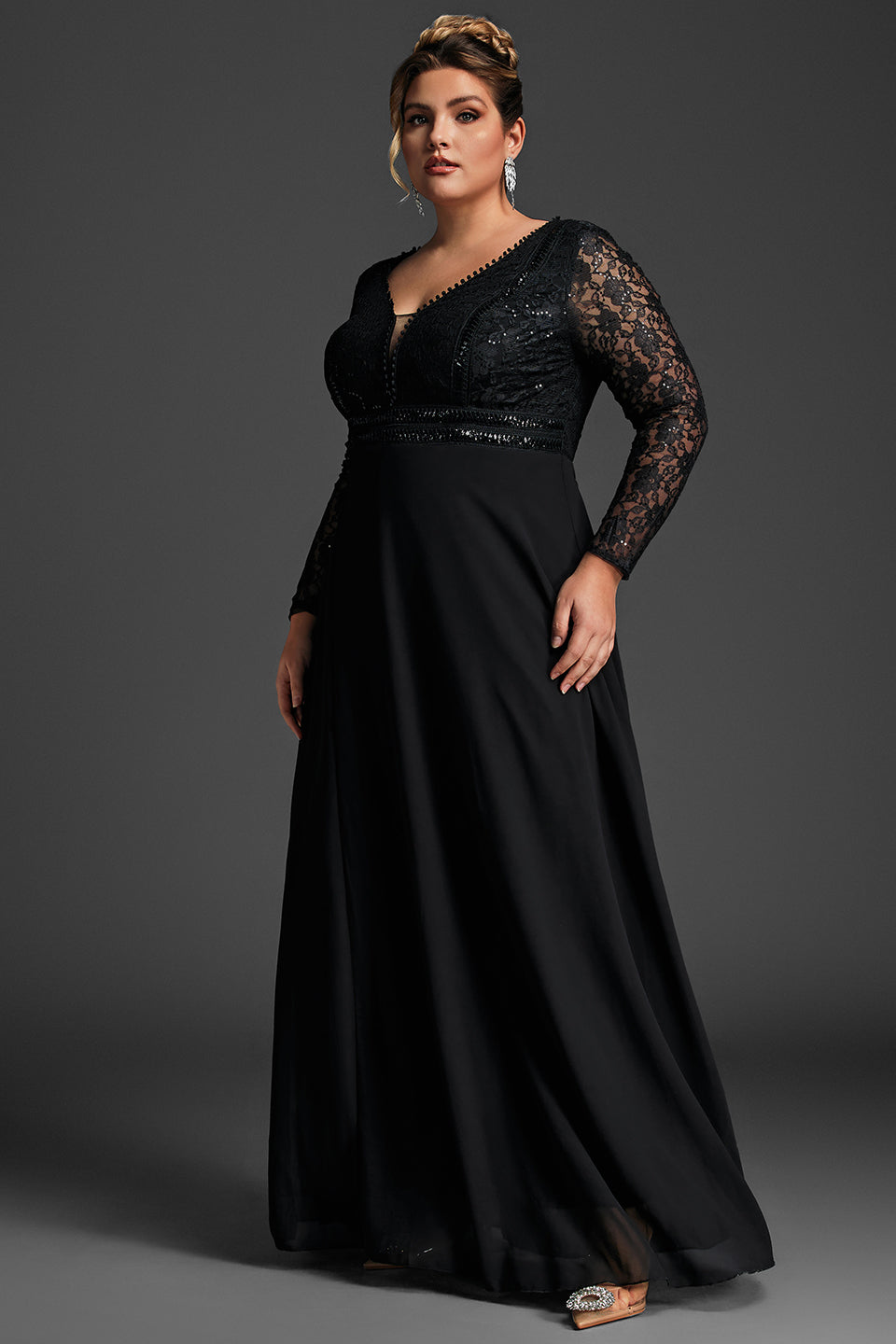 Curveins Plus Size V-Neck Lace Embroidered Maxi Dress