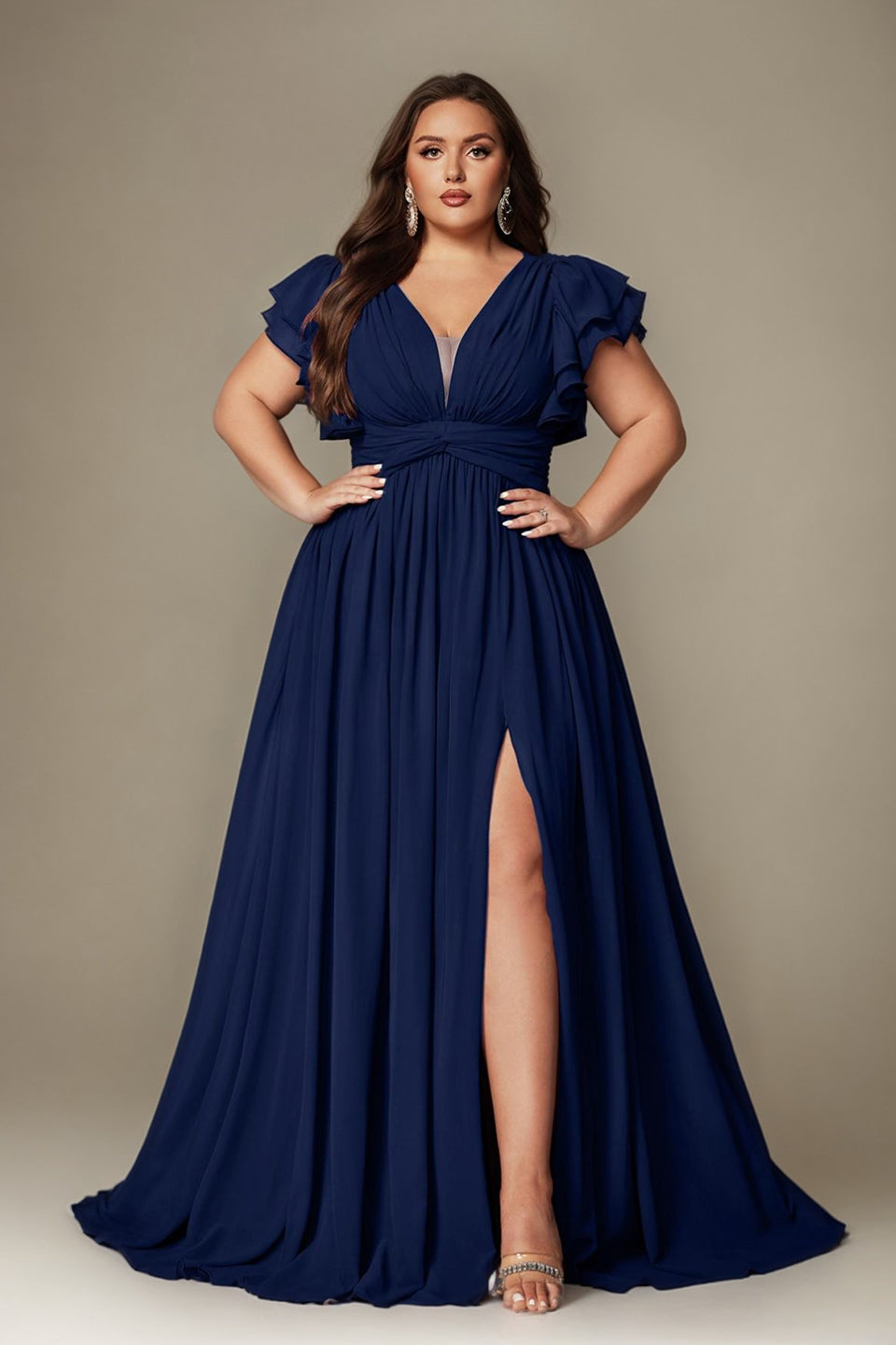 Curveins Plus Size V-Neck Ruffle Sleeve Split A-Line Maxi Dress