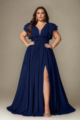 Curveins Plus Size V-Neck Ruffle Sleeve Split A-Line Maxi Dress