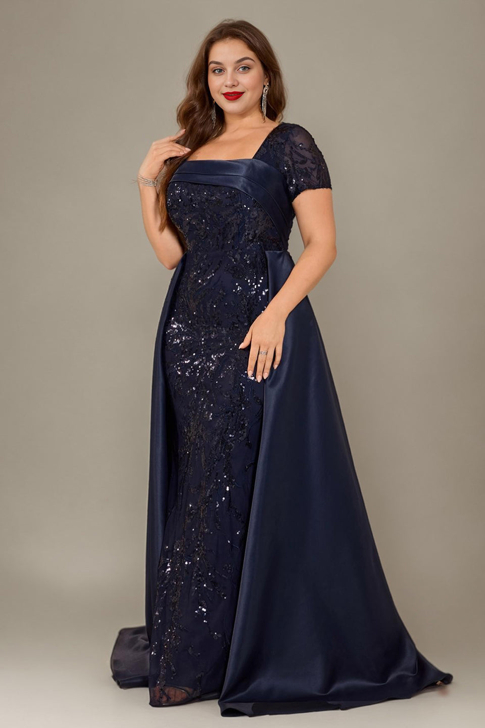 Curveins Plus Size Square Neck Short Sleeve Sequin Waist Defining Belted Maxi Dress