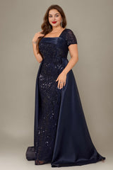 Curveins Plus Size Square Neck Short Sleeve Sequin Waist Defining Belted Maxi Dress