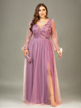 Curveins Plus Size V-Neck Sequin Mesh Patchwork Maxi Dress