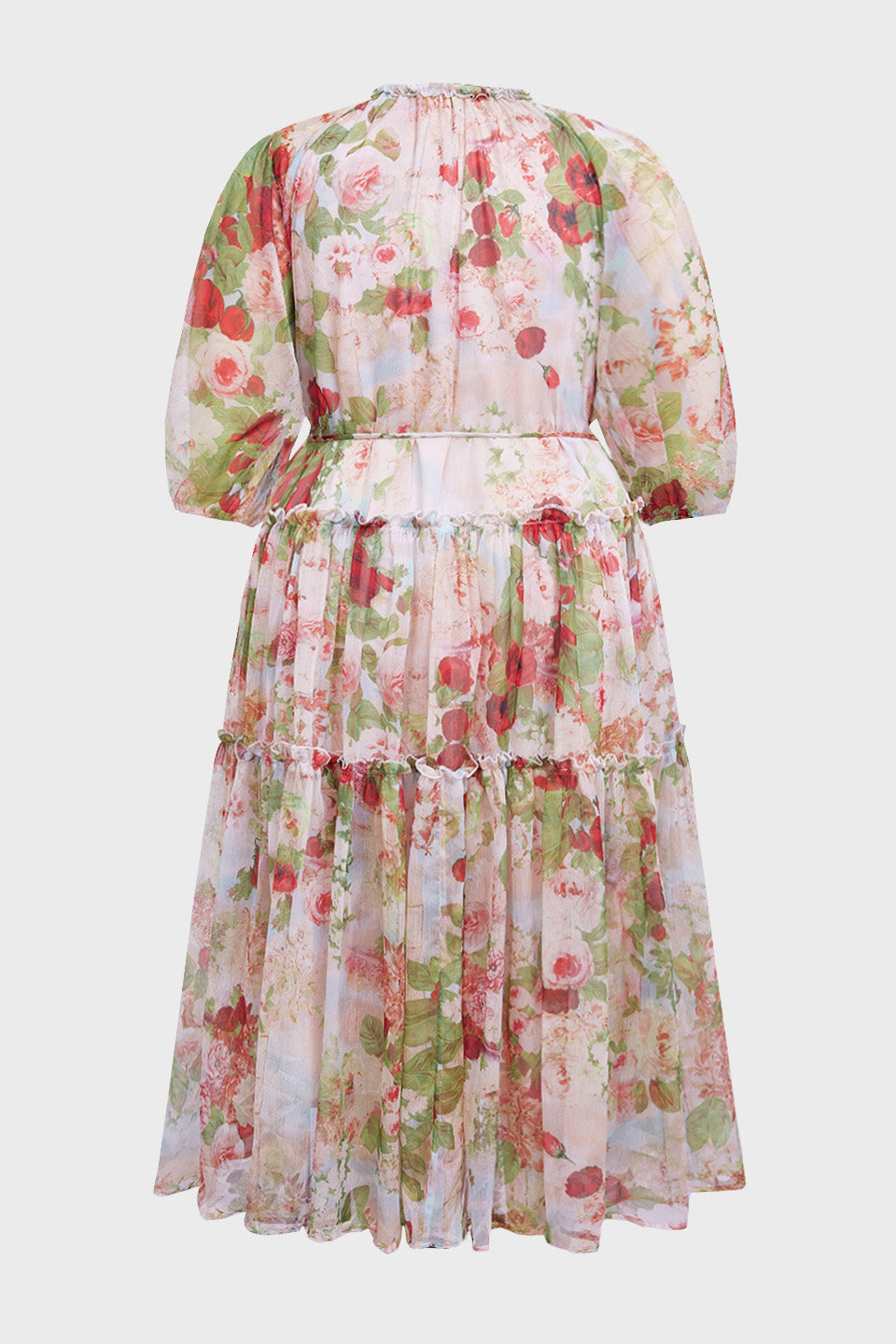 Curveins Plus Size Round Neck Floral Wrap Waist Tiered Maxi Dress