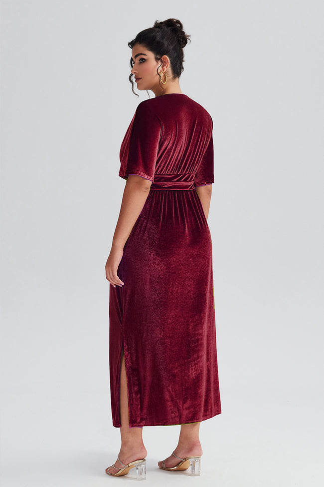 Curveins Plus Size Elegant Velvet V-Neck Shirred Maxi Dress