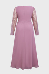Curveins Plus Size V Neck Long Sleeve Sequin Cinched Waist Elegant Maxi Dress