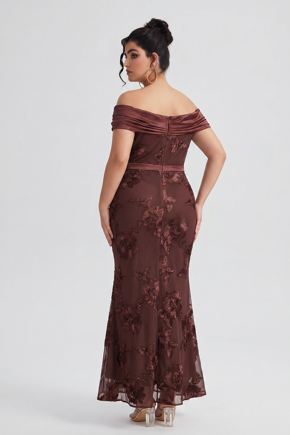 Curveins Plus Size Off Shoulder Floral Pattern Ruched Waist Bodycon Elegant Maxi Dress