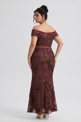 Curveins Plus Size Off Shoulder Floral Pattern Ruched Waist Bodycon Elegant Maxi Dress