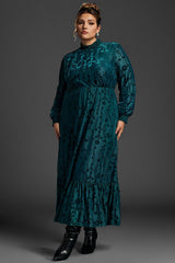 Plus Size Vintage Floral Velvet Green Maxi Dress