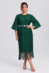 Curveins Plus Size Crew Neck Long Sleeve Stretch Fringe Hem Belted Midi Dress