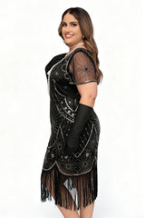 Curveins 1920s Black Daisy Plus Size Vintage Beaded Tassel Flapper Dress