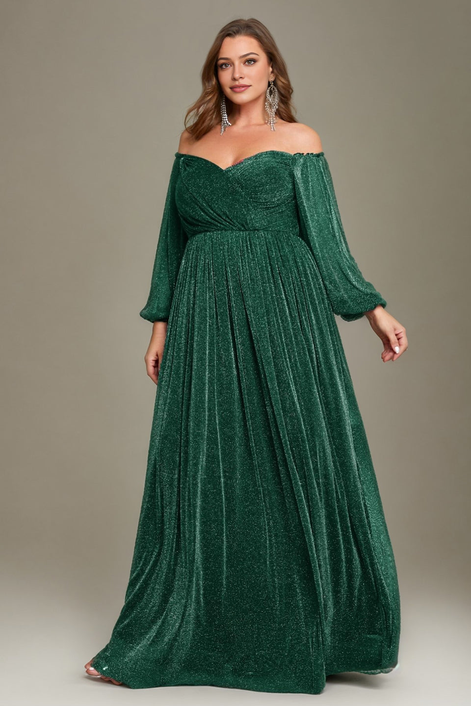 Curveins Plus Size Elegant Off-Shoulder Long Sleeve Minimal Maxi Dress