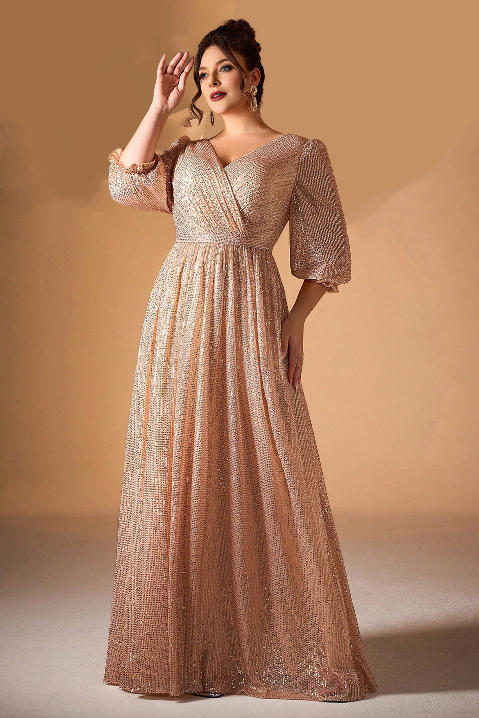 Curveins Plus Size V-Neck Puff Sleeve Sequin Maxi Dress with Cinched Waist