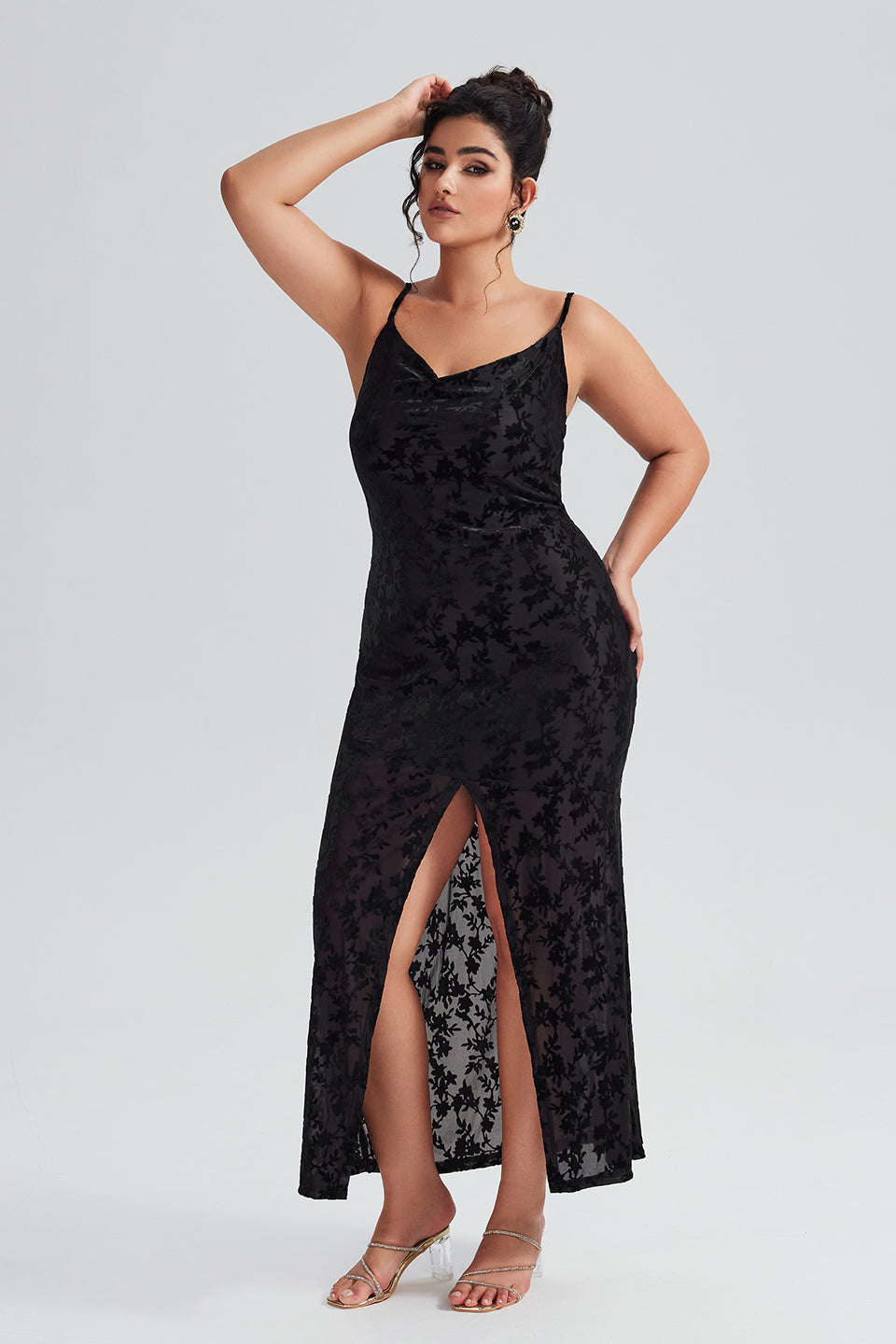 Curveins Plus Size Velvet Halter V-Neck Slit Maxi Dress