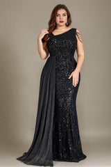 Curveins Plus Size One Shoulder Sleeveless Beaded Ribbon Elegant Maxi Dress