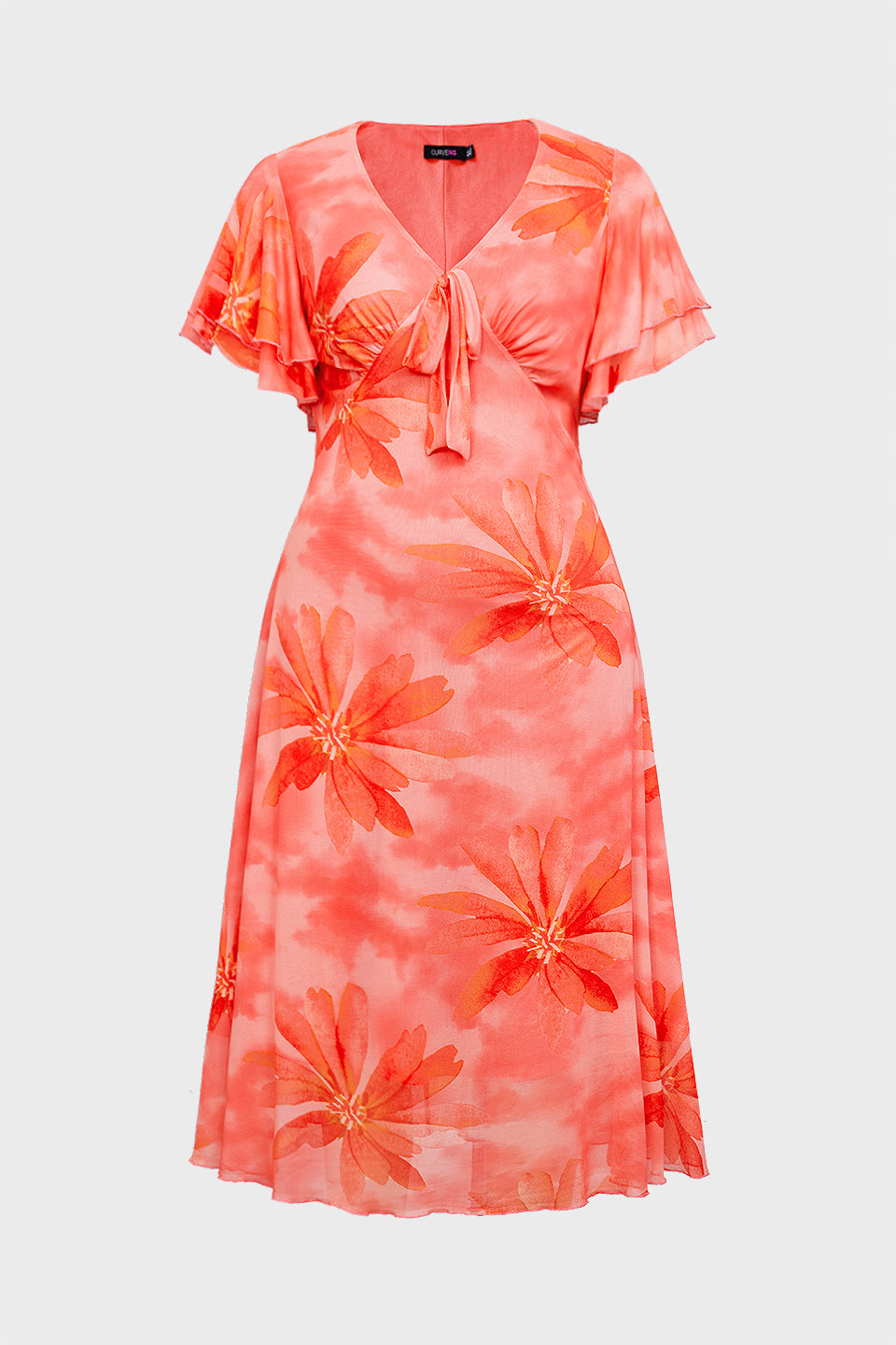 Curveins Plus Size V Neck Batwing Sleeve Flowy Elegant Midi Dress