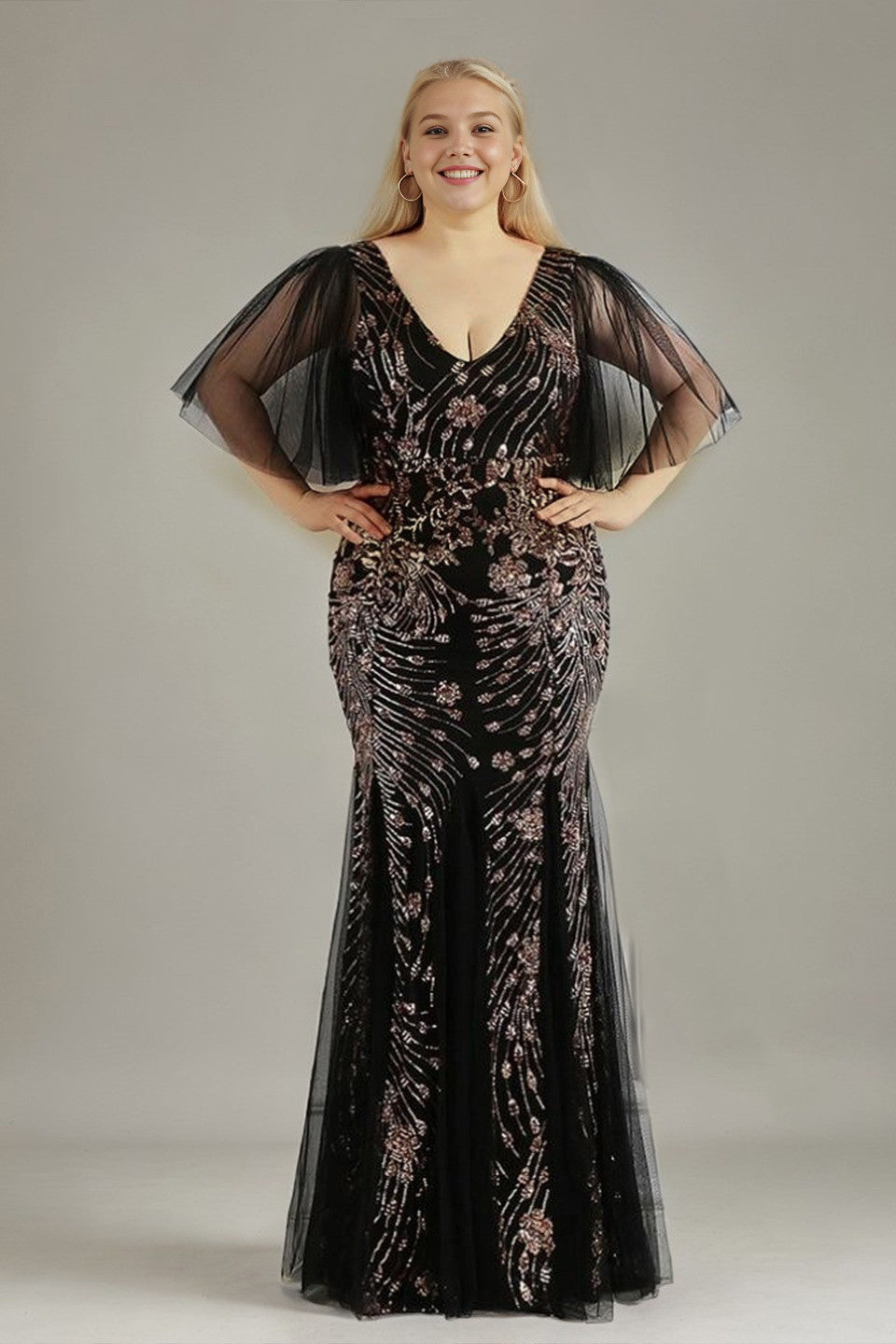 Curveins Plus Size V-Neck Batwing Sleeve Sequin Bodycon Maxi Dress