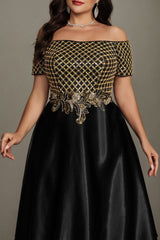 Curveins Chic Plus Size Off-Shoulder Sheer Patchwork Maxi Gown