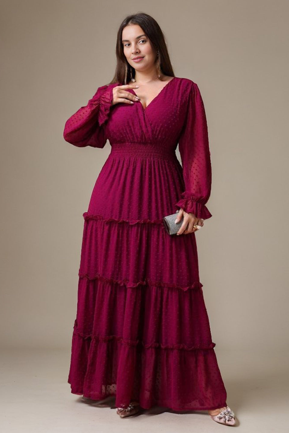 Curveins Elegant Plus Size V-Neck Lantern Sleeve Tiered Maxi Dress