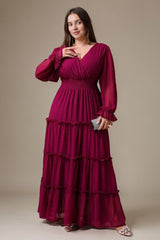 Curveins Elegant Plus Size V-Neck Lantern Sleeve Tiered Maxi Dress