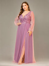 Curveins Plus Size V-Neck Sequin Mesh Patchwork Maxi Dress