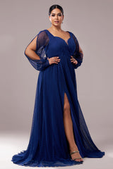 Curveins Plus Size V-Neck Long Sleeve Slit Waist-Defined Maxi Dress