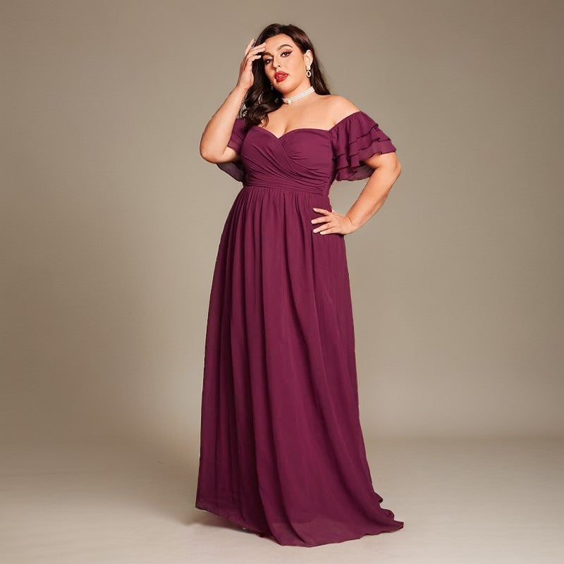 Curveins Plus Size Off Shoulder Pleated Split Maxi Dress
