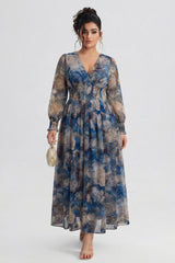 Curveins Plus Size V Neck Long Sleeve Floral Waist Maxi Dress