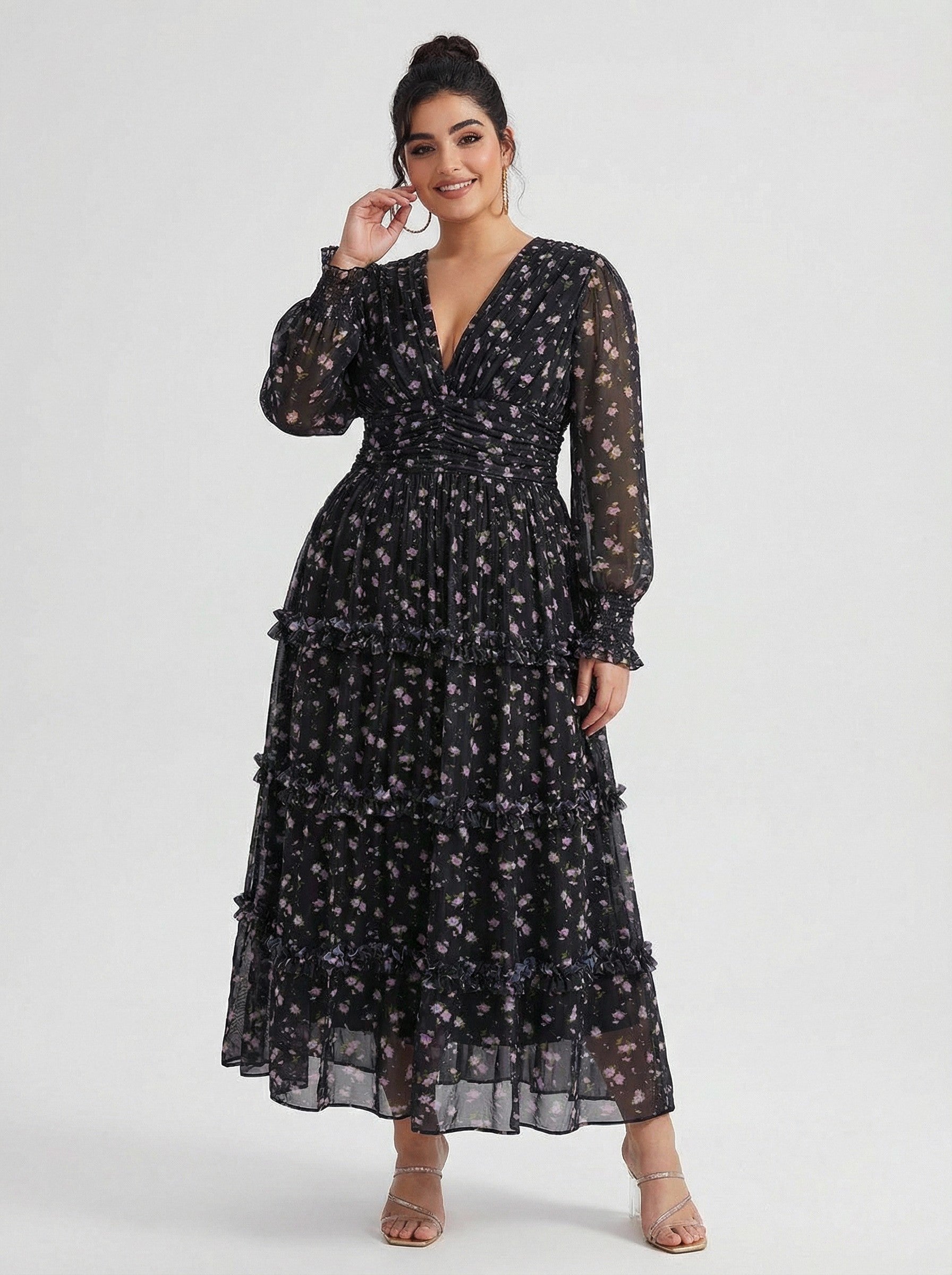 Curveins Plus Size V Neck Long Sleeve Floral Tiered Maxi Dress