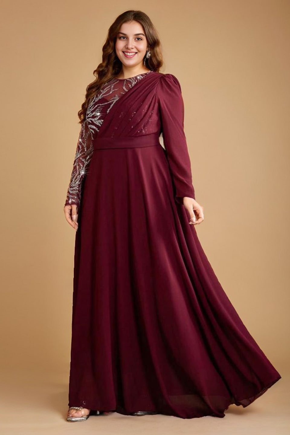plus size dress long sleeve Curveins Elegant Ruched Waist Round Neck Maxi 22-24/3X / Burgundy Warm Dresses Champagne/Gold Size:40/ US 4 Women's Retro Linen Blend
