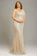 Curveins Plus Size Elegant One Shoulder Sparkle Detail Slit Party Formal Maxi Dress