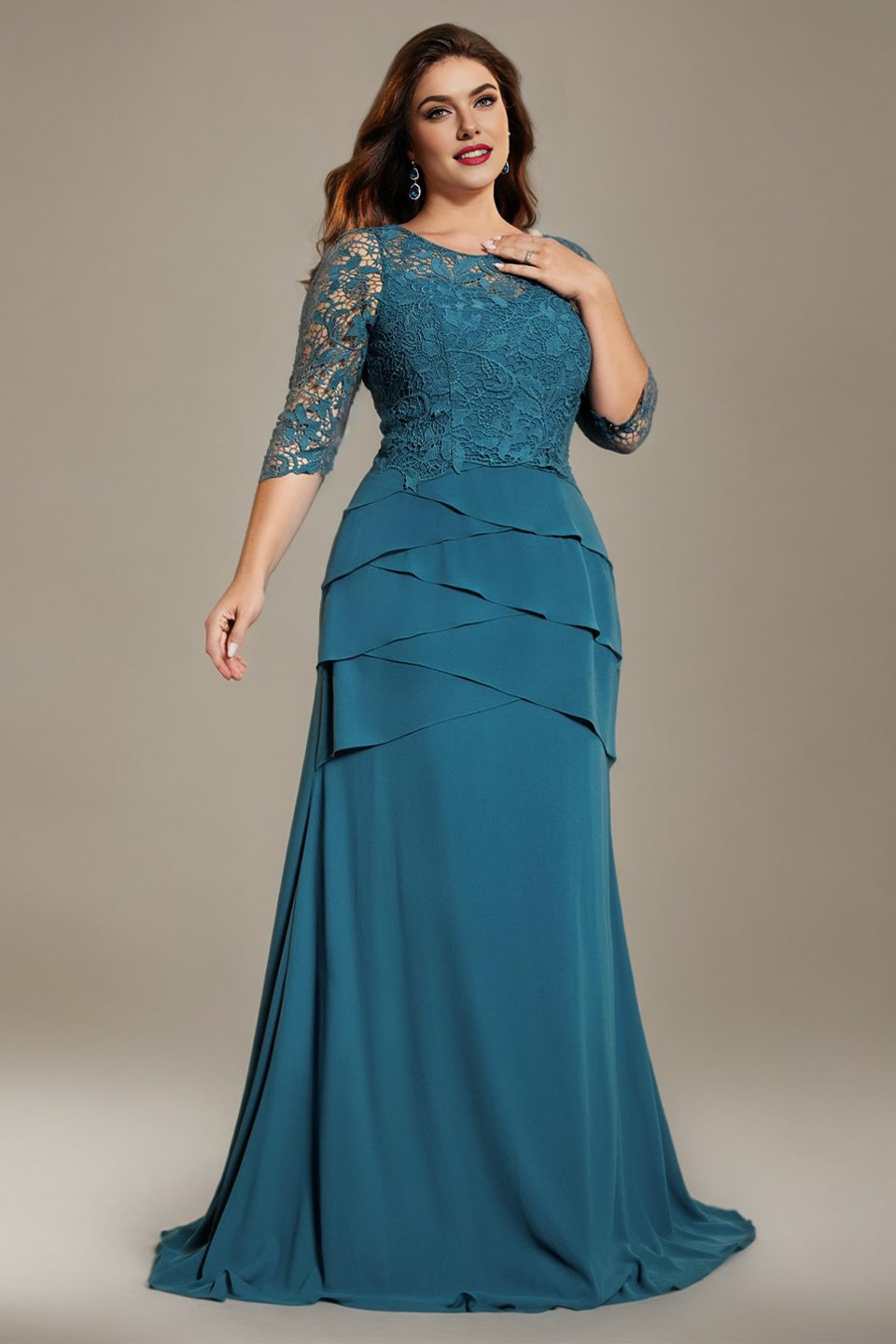 Curveins Plus Size Round Neck Embroidered Bodice Waist-Defined Maxi Dress