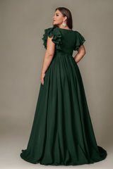 Curveins Plus Size V-Neck Ruffle Sleeve Split A-Line Maxi Dress