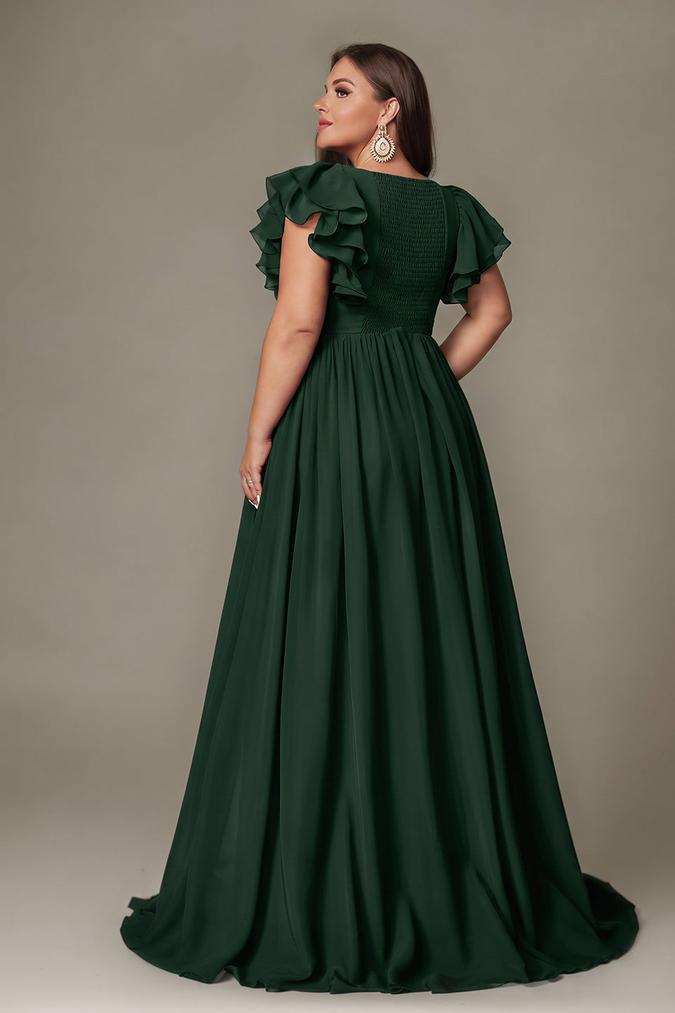 Curveins Plus Size V-Neck Ruffle Sleeve Split A-Line Maxi Dress