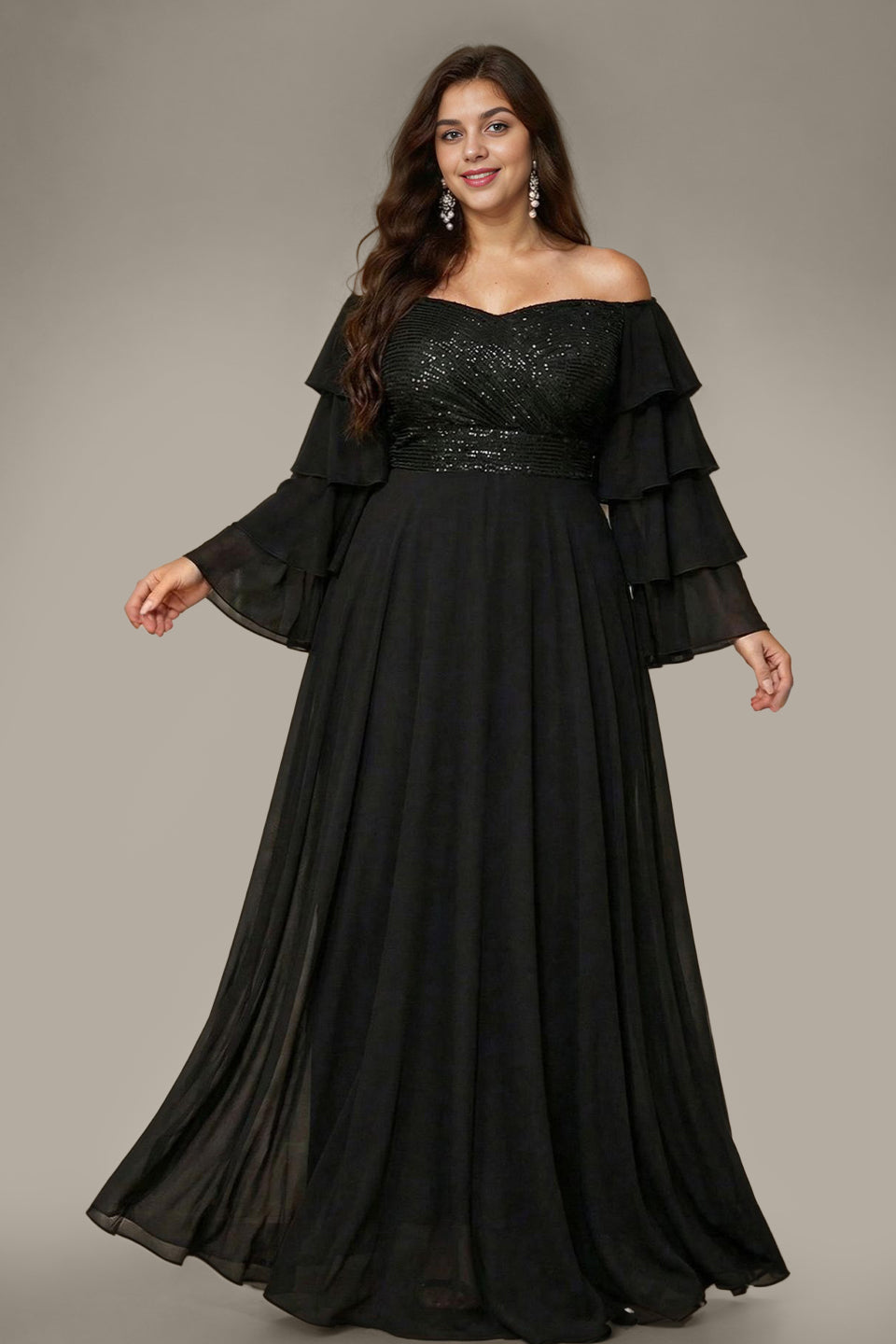Curveins Plus Size Off Shoulder V Neck Long Sleeve Sequin Patchwork Maxi Dress