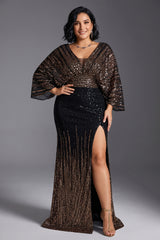 Curveins Plus Size V-Neck Sequin Sparkle High-Slit Slimming Maxi Dress