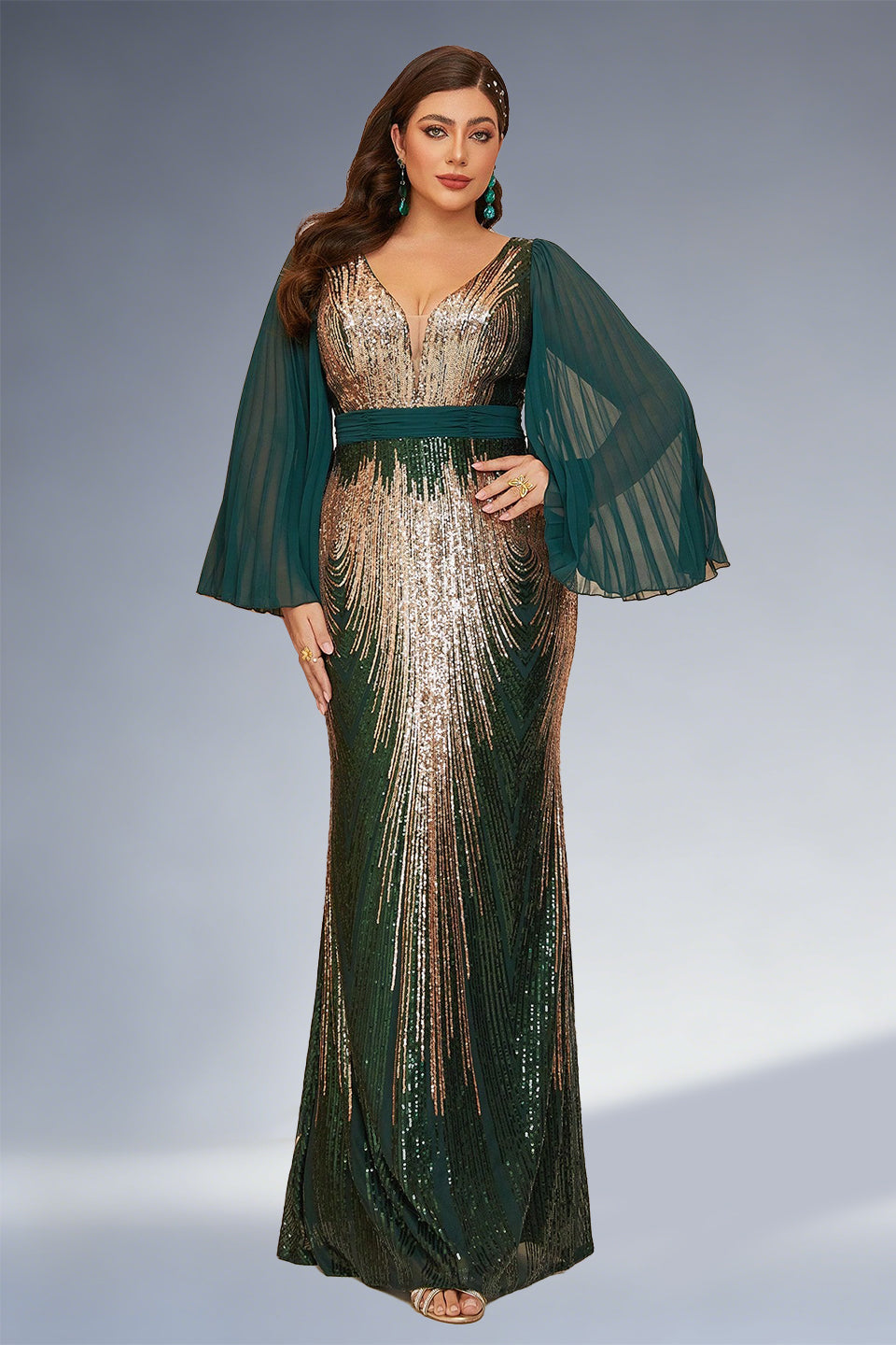 Curveins Plus Size Sparkling V-Neck Batwing Long-Sleeve Curve-Fit Maxi Dress