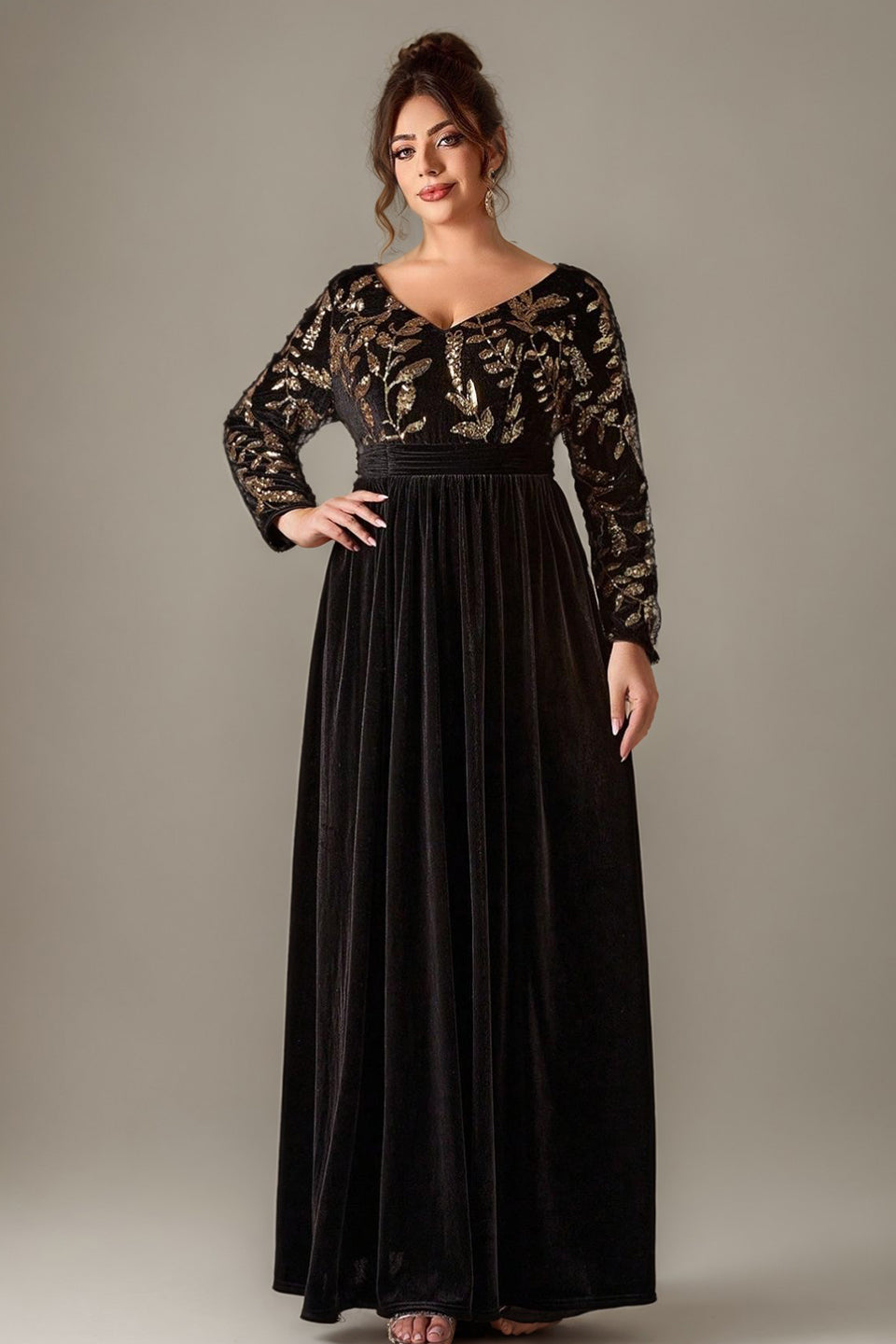 Curveins Plus Size V-Neck Long Sleeve Sequin Floral Embellished Velvet Evening Gown