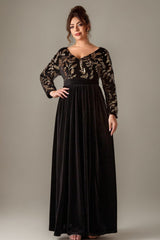 Curveins Plus Size V-Neck Long Sleeve Sequin Floral Embellished Velvet Evening Gown