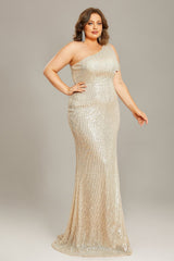 Curveins Plus Size Elegant One Shoulder Sparkle Detail Slit Party Formal Maxi Dress