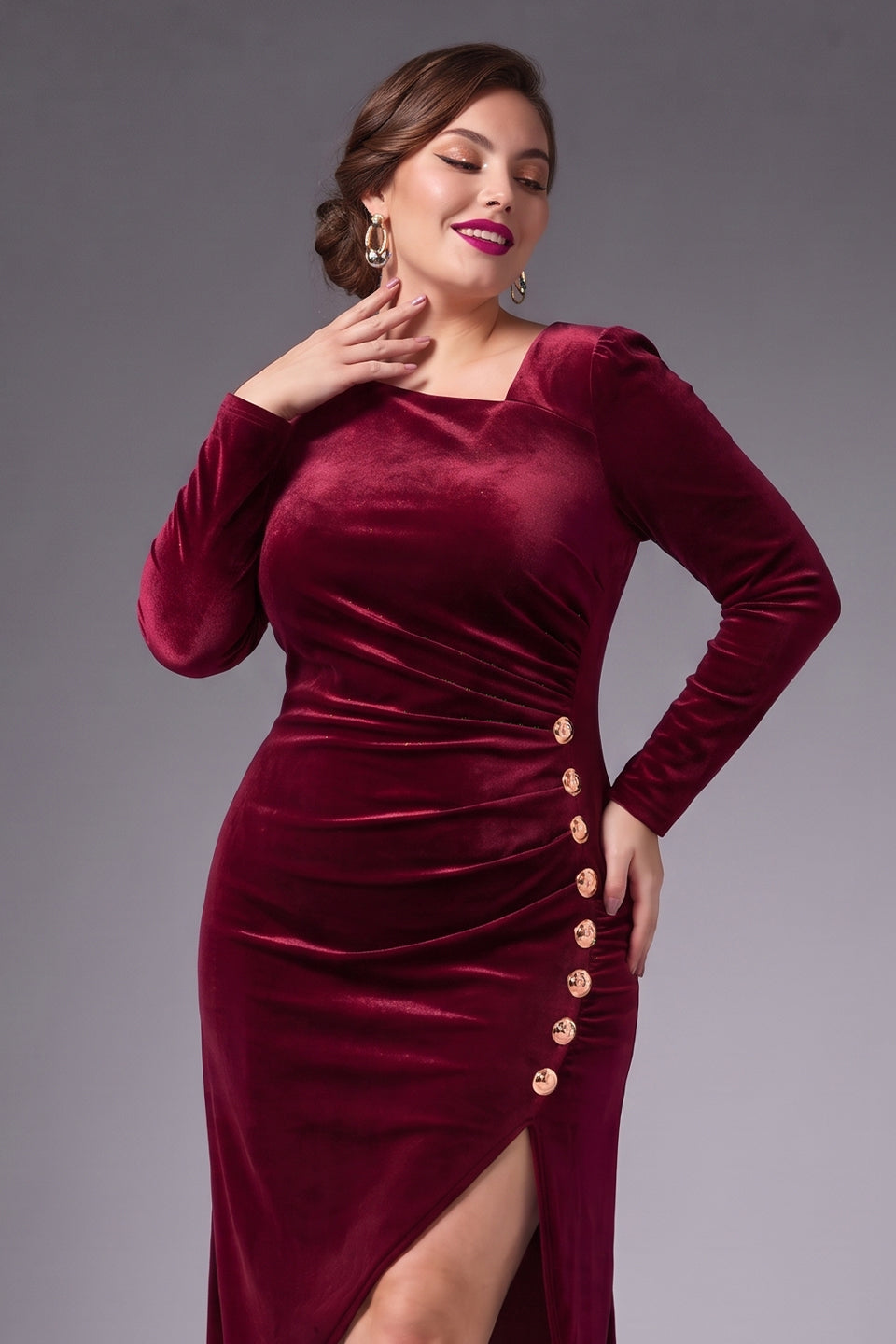 Curveins Plus Size Velvet Asymmetric One Shoulder Long Sleeve Ruched Slit Elegant Midi Dress