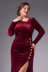 Curveins Plus Size Velvet Asymmetric One Shoulder Long Sleeve Ruched Slit Elegant Midi Dress