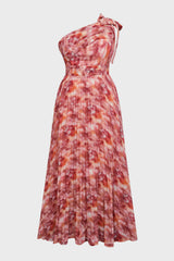 Curveins Plus Size Elegant Striped One Shoulder Cinched Waist Flowy Maxi Dress
